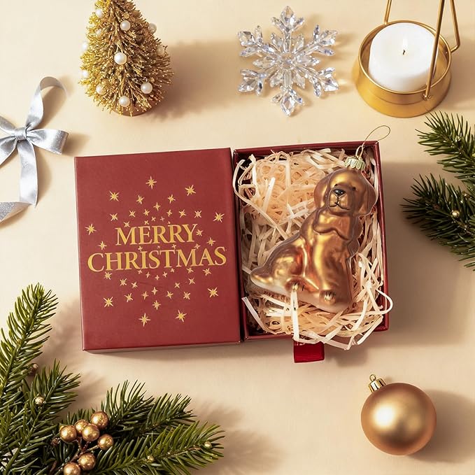 WDS WONDROUS Dog Ornament Christmas Tree Decor - Glass Animal Ornament, Cute Gold Christmas Hanging Ball Decor, Small Xmas Ornaments for Tree Winter Holiday Decor Gift(2.55”)
