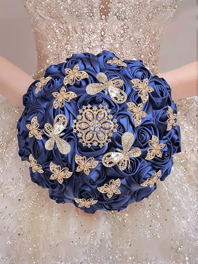 Handmade Floral Satin Rose Butterfly Shape Rhinestone Bridal Bouquet Luxury Golden Rhinestone Artificial Flowers for Wedding