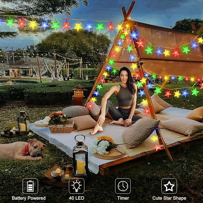 echosari Star String Lights Battery Powered, 13ft 40LED Christmas Star Fairy Light with Timer for Kids Gift Bedroom Wedding Party Decor (Multicolor)