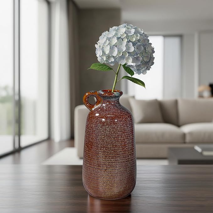 Sunddo Brown Ceramic Vase for Home Decor-10 Inch Rustic Decorative Vase with Handle, Mantle, Fireplace, Coffee Table, Shelf for Living Room