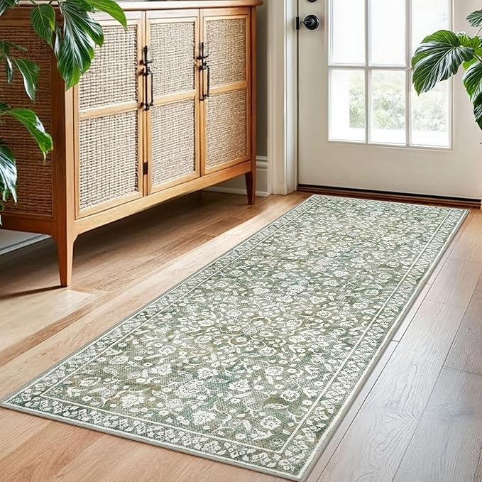 Vintage Washable 2x5 Rug Runner, Sage Green Beige Runners for hallways, Super Soft Kitchen Runner Rug Non Slip, Print Faux Wool Floral Thin Carpet Runner for Entryway Indoor Bedroom
