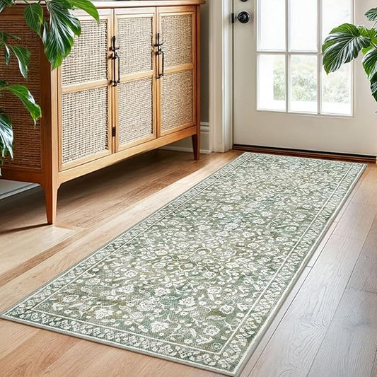 Vintage Washable 2x5 Rug Runner, Sage Green Beige Runners for hallways, Super Soft Kitchen Runner Rug Non Slip, Print Faux Wool Floral Thin Carpet Runner for Entryway Indoor Bedroom