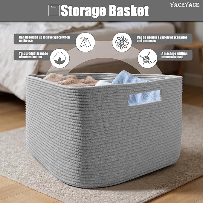 Fabric Bins Cube, 3 Pack Storage Cubes Organizer for Toy, Closet, Foldable Baskets for Shelves, Rope Baskets with Handles, 15''Lx10''Wx9''H