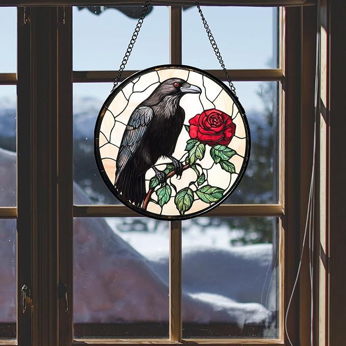 Stained Glass Window Hanging - Black Crow Red Rose Suncatcher for Doors Garden Patio Bird Sun Catchers Decor Christmas Mother's Day Birthday Gifts for Women Men Mom Nana Friend 9.8 in