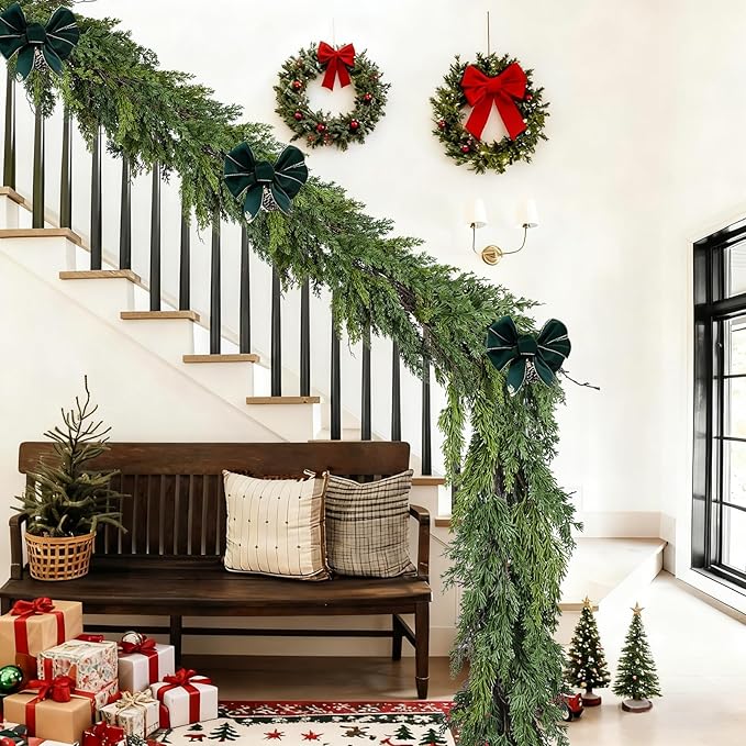Lvydec Christmas Pine Garland Greenery Decoration, 6ft Realistic Cedar Branches Pine Leaves Cypress Garland for Holiday Mantel Fireplace Table Centerpiece