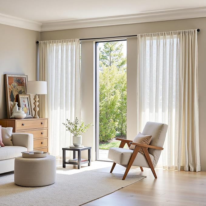jinchan Beige Linen Blend Curtain 96 Inches Length 1 Panel for Sliding Door, Light Filtering 100 Inches Extra Wide Farmhouse Natural Drape with Rod Pocket Back Tab (100W x 96L, Ecru)