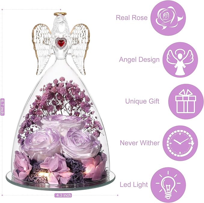 Mothers Day Rose Gifts for Women, Large Angel Figurines with Real Roses, Preserved Real Flower Rose for Her, Gardient Purple