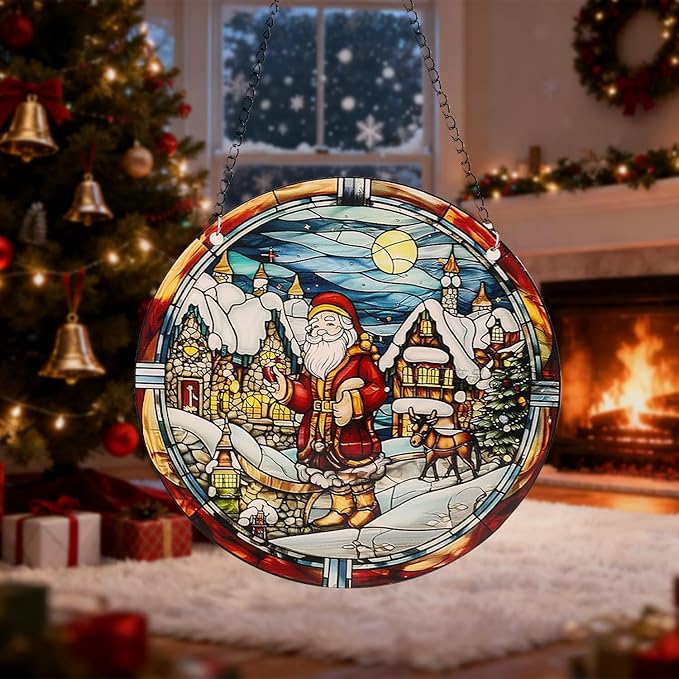 Christmas Santa Gingerbread Man Acrylic Disc Ornament for Tree, Wall, Window, Holiday Home Party Decoration (M)