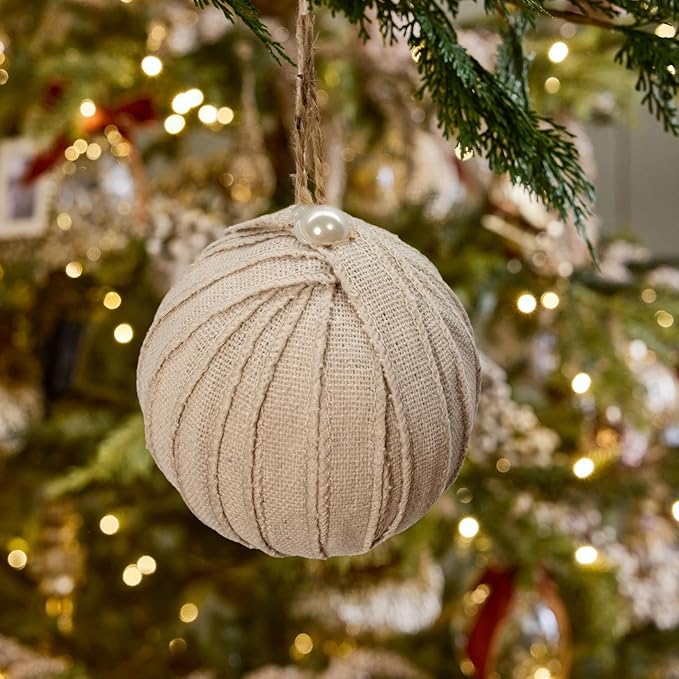 12PCS Neutral Christmas Ornaments Balls Set, 3.15" Jute Burlap & Fabric Hanging Baubles, Rustic Farmhouse Textured Tan Xmas Tree Decorations for Holiday Party Home Decor