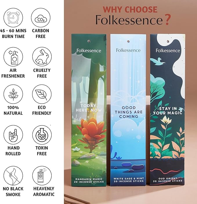Folkulture Incense Sticks | Set of 6 (120 Xmas Insence-Sticks) | 45 Mins Burn Time | White Sage, Sandalwood, Oud Orient, Amber Space| Organic Inscents-Stick for Women
