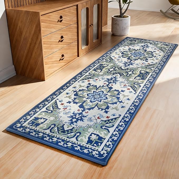 Runner Rug with Non Slip Rubber Backing, Washable Soft Floor Carpet for Kitchen, Hallway, Entryway Indoor, Bedroom, Laundry, Low Pile Area Rugs, Geometric Floral, Blue Pattern, 2' * 6'
