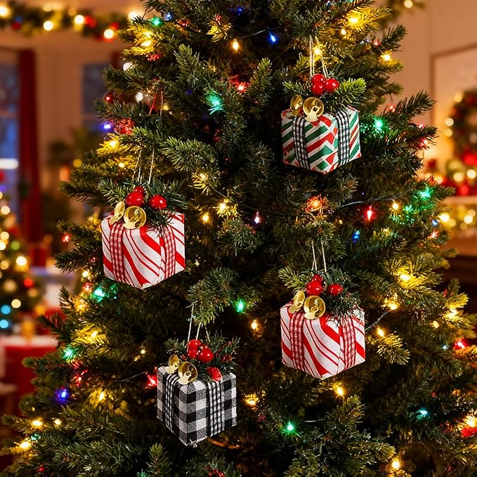 15 Pcs Christmas Tree Gift Boxes Ornaments Xmas Ornaments Present Boxes with Bell Red Berries Needle Miniature Hanging Christmas Ornaments for Xmas Tree Holiday Party Decor