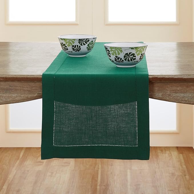 Solino Home Linen Rainforest Green Hemstitch Table Runner 36 Inches - 100% Pure Linen Small Table Runner 14 x 36 Inch Ideal for Dresser and Coffee Tables, St Patricks Day - Classic Hemstitch