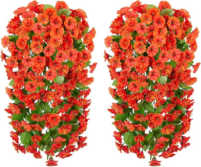 HyeFlora Artificial Fake Hanging Flowers Plants for Outdoor Outside, 2PCS Faux Silk Orange Morning Glory Trailing Vines UV Resistant Look Real for Home Planter Porch Patio