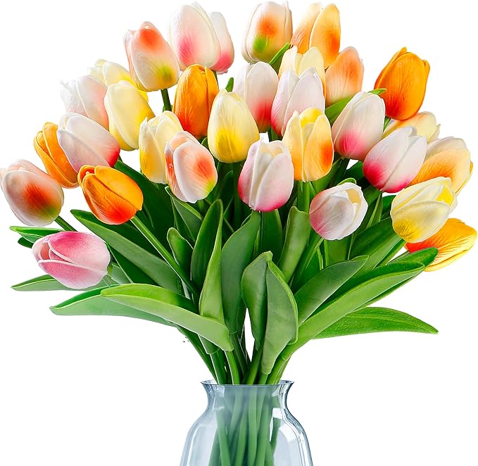 Sggvecsy 30 Pcs Fake Tulips Artificial Flowers Real Touch PU Faux Flowers Tulip Stems for Wedding Floral Arrangement Spring Bouquet Home Party Office Decorations for Mother's Day (Multi Colors)