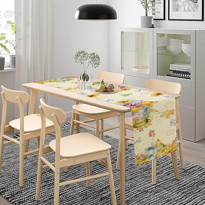 Fall Table Runner Watercolor Pumpkins Sunflowers Maple Leaves Baroque Floral Birds Country Thanksgiving Home Decor for Farmhouse Indoor Outdoor Party Holiday Dining Kitchen Restaurant Cafe W13xL60in