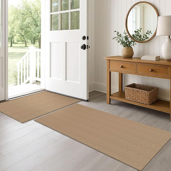 EARTHALL Area Rug Runner Sets 2x3 and 2x5 Ft Washable Kitchen Mats for Floor Non Slip Rubber Backed Kitchen Rugs Braided Indoor Floor Carpet for Entryway, Hallway, Kitchen, Bedroom, Orange/Tan/Brown