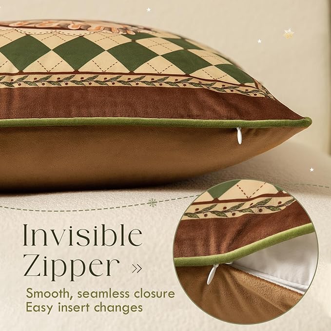 Grandmillennial Checkered Pillow Cover, Velvet Euro Sham Covers Decorative Throw Pillow Covers 18x18 for Couch Sofa Bed Living Room, Christmas & Holiday, Deer Green