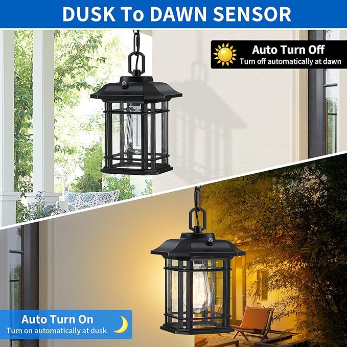 10.25'' Porch Pendant Lights - Dusk to Dawn Black Exterior Hanging Lanterns, Farmhouse Outdoor Ceiling Light Fixture, Waterproof Tempered Seed Glass Chandelier 1Pack