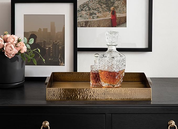 Kate and Laurel Samana Modern Glam Rectangle Metal Tray; 18 x 13 x 2; Brass; Rectangular Polished Stainless Steel Decorative Tray with Hammered Surface and Minimalist Handles