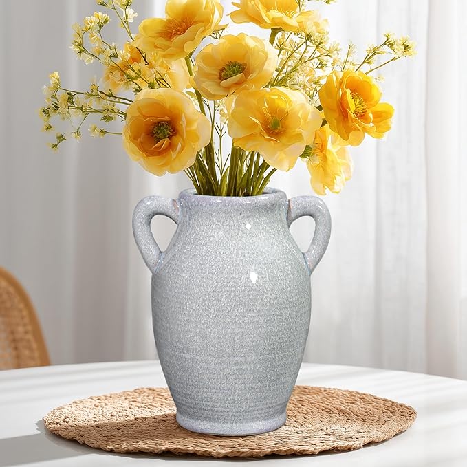 Sunddo Blue Ceramic Vase with 2 Handles, Modern Pottery Flower Vase, Texture Decorative Vases for Pampas Grass, Farmhouse Decor, Centerpiece for Dining Table Console Shelf Bookshelf Mantle