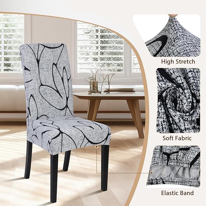 SearchI Dining Room Chair Covers Set of 4, Stretch Printed Parsons Chair Slipcovers Spandex Removable Washable Kitchen Chair Protector Cover for Dining Room, Hotel, Ceremony (Grey Lotus+White Texture)