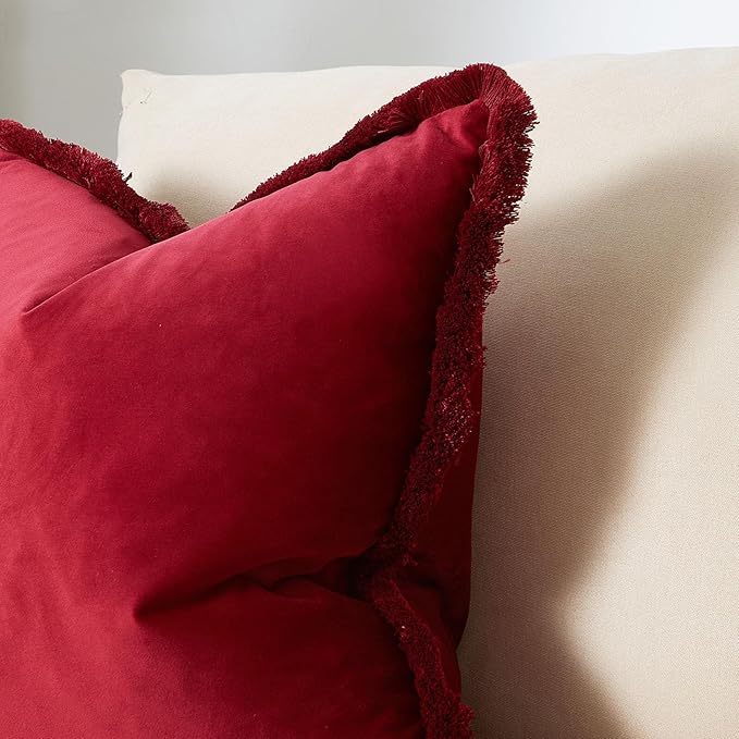 JUSPURBET Red Decorative Velvet Fringe Throw Pillow Covers 16x24 Set of 2 Boho Soft Cushion Case for Home Decor Living Room Couch Sofa Bed