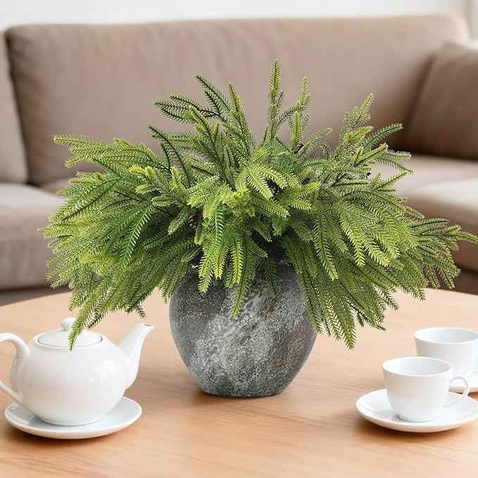 6 PCS Real Touch Christmas Norfolk Pine Stems Branches with 5PCS Pinecones, Soft Bendable Droopy Artificial Faux Pine Stems Picks Lifelike Greenery Stems for Vase Garland Wreath Table Home Decor
