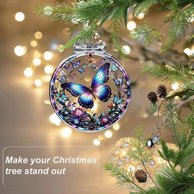 Butterfly Christmas Ornament Stained Glass Butterfly Decorations - Hanging Ornaments for Christmas Tree Xmas Decorations, Holiday Keepsake Present Exchange Ideas