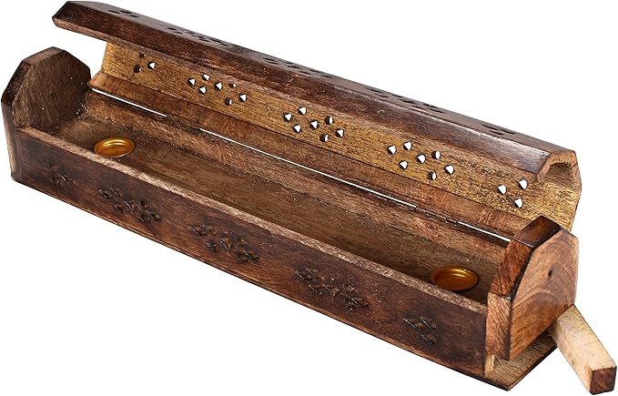 The Wooden Town Coffin Incense Stick Cone Burner Holder Stand with Storage Compartment Ash Catcher Hand Carved, Incense Stick Stand, Stick Holder, Incense Burners - Burnt Color - 12"x2.25"x2.75"