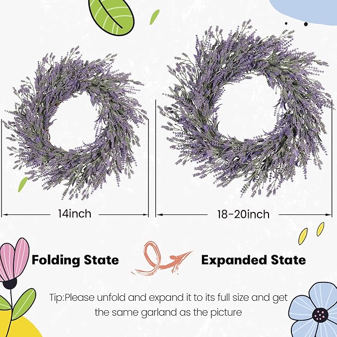 20" Summer Lavender Wreaths for Front Door Spring Wreath Door Wreaths for Spring Summer Purple Floral Wreath for Outside Wall Window Farmhouse Indoor Outdoor Party Holiday