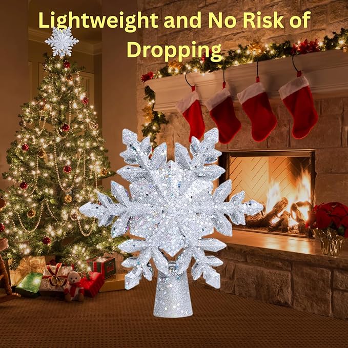 ME JO Christmas Tree Topper | Christmas Tree Decoration Hollow Glitter Snowflake with 3D Rotating LED | with 6 Projection Plug in Star Christmas Tree Projector for Indoor Office Xmas New Year