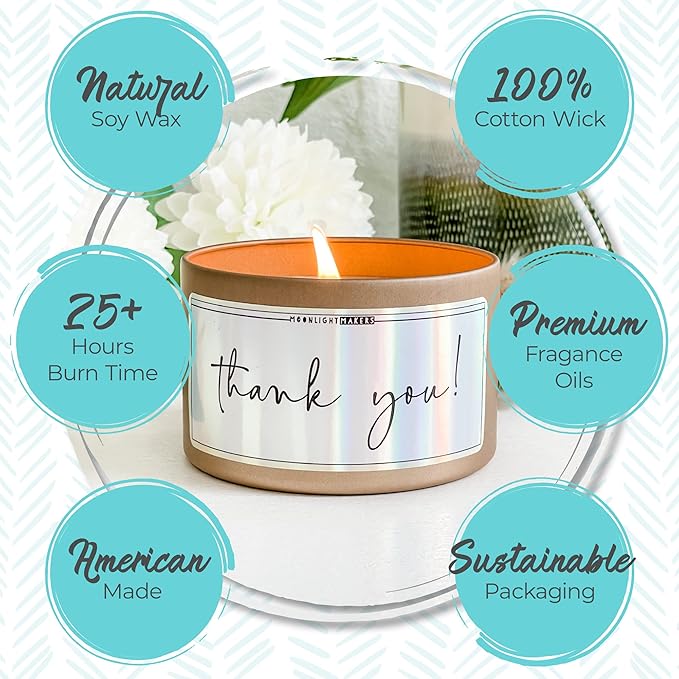Moonlight Makers, Just An Old Fashioned Thank You, Vanilla Breeze Scented Handmade Candle, Natural Soy Wax Candle, 25+ Hour Burn Time, 8oz Tin