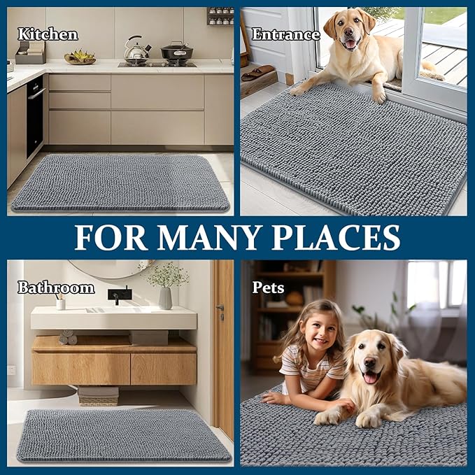OLANLY Dog Door Mat for Muddy Paws 36x24, Absorbs Moisture and Dirt, Absorbent Non-Slip Washable Doormat, Quick Dry Chenille Mud Mat for Dogs, Entry Indoor Entryway Carpet for Inside Floor, Grey