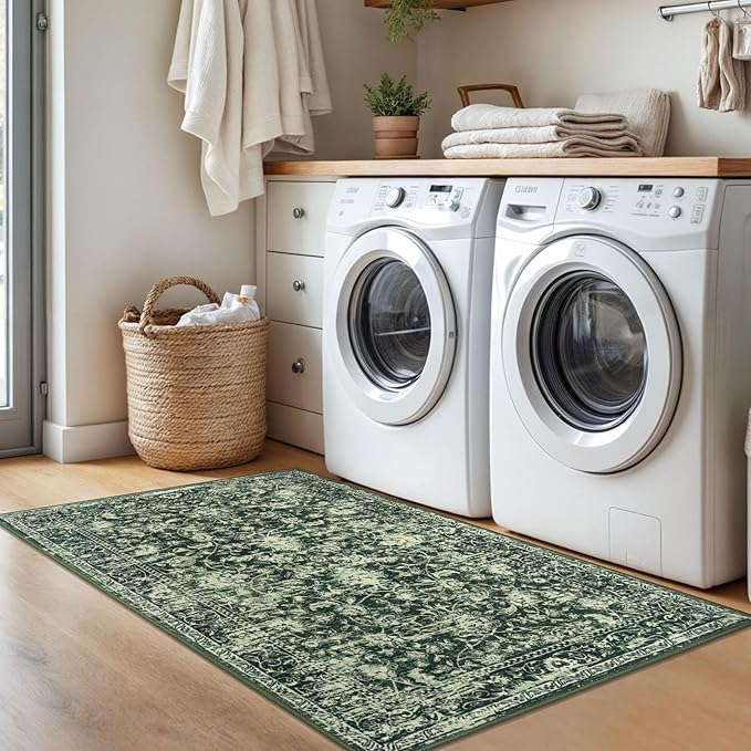 KILOCOCO Area Rug 3x5 Entryway Rug Washable Printed Vintage Floral Rubber Backed Non Slip Indoor Kitchen Rugs for Living Room Laundry Room Playroom Mudroom Moroccan Area Rugs, Green