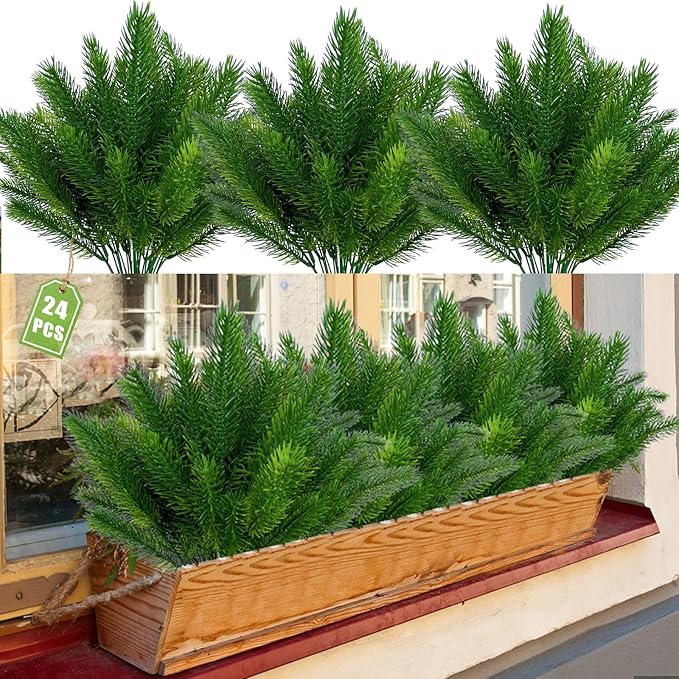 JIFTOK Artificial Pine Needles for Xmas Decoration, 24pcs Fake Plants Picks Sprays for Tree Home Decor Indoor, Faux Greenery Shrubs Plastic Boxwood for Garden Porch