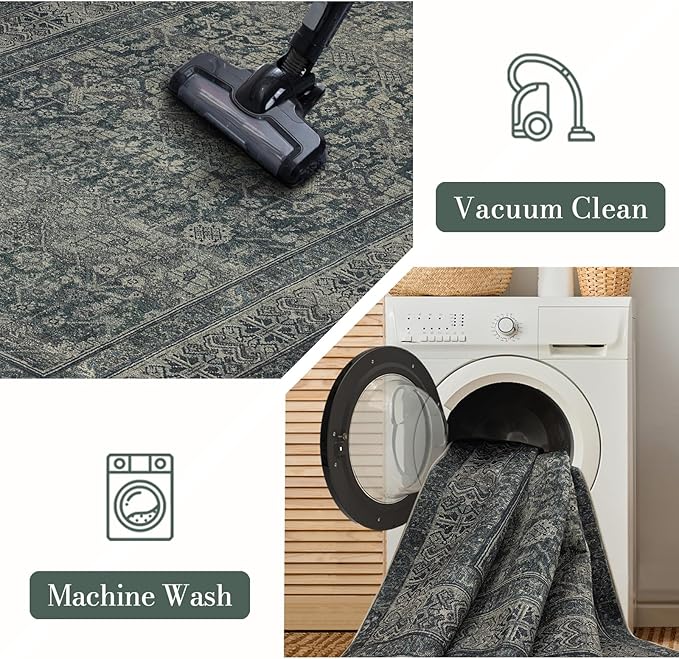 Area Rug 8×10, Large Vintage Boho Rug,Ultra-Soft Low Pile, Washable, Non Slip,Stain Resistant, Printed Carpet for Living Room Bedrooms Playroom Office Kitchen, Moss/Green
