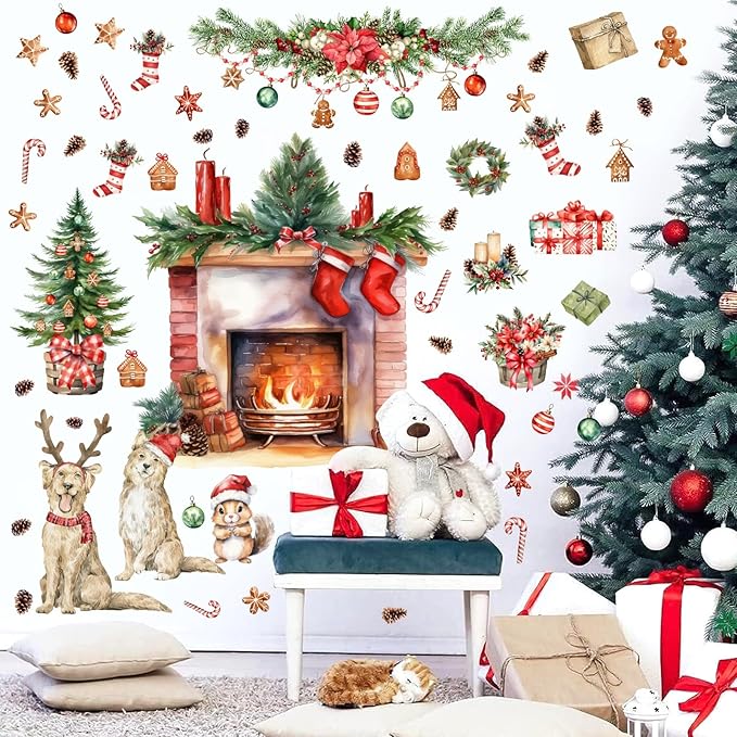 Christmas Wall Decals Merry Christmas Wall Stickers Fireplace Stickers Christmas Pine Tree Decals for Wall Removable Winter Animals Walls Art Decor for Xmas Party Supplies Living Room Home
