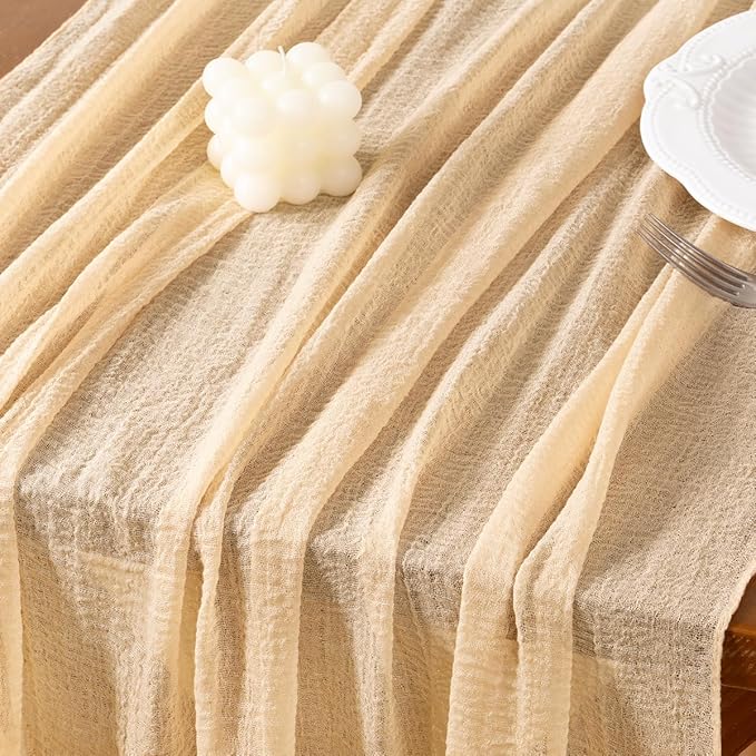 Socomi 6pcs Beige Cheesecloth Table Runner Valentine's Day Gauze 120 Inch Rustic Boho Cheese Cloth Runner for Wedding Party Baby Bridal Shower Centerpiece Decoration Holiday Home Decorations