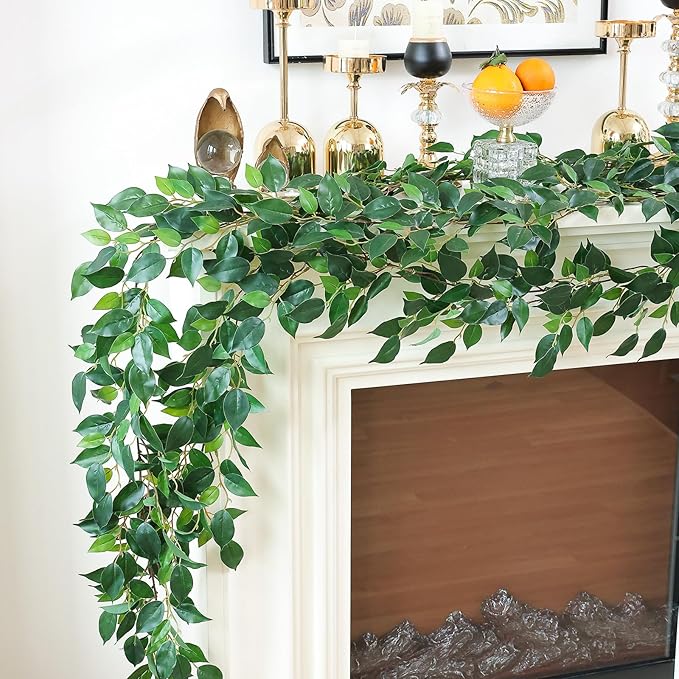 Mizii 2 Strands Artificial Vines Ficus Garland 78" Fake Vine with Silk Green Leaves Faux Hanging Plants Greenery Decorations for Bedroom Table Centerpieces Wall Party Wedding Room Decor (Ficus)