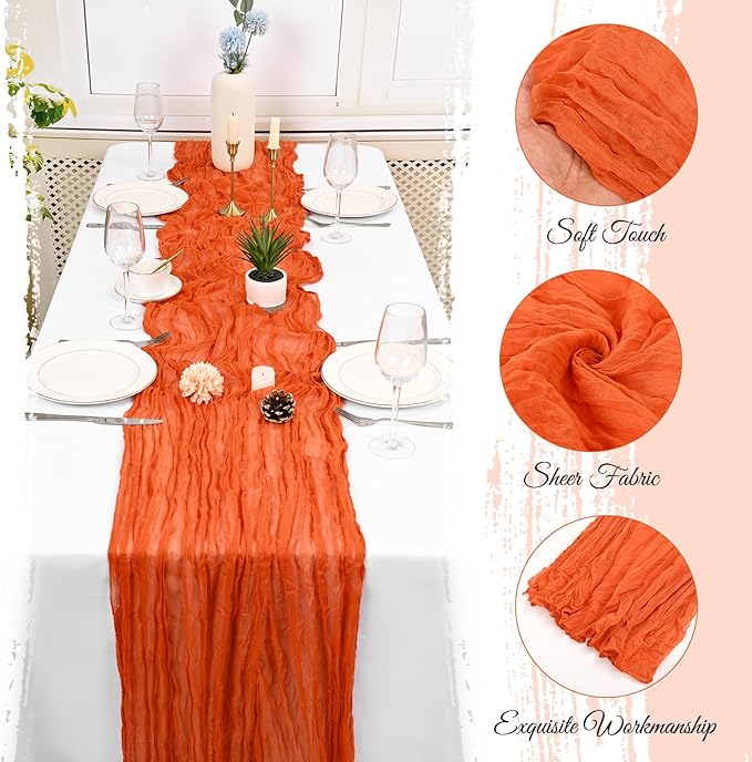 25 Pack Orange Cheesecloth Table Runner 17 x 108 Inch Fall Thanksgiving Boho Rustic Farmhouse Gauze Cheese Cloth Runner for Wedding Party Baby Shower Home Decor Holiday Decorations