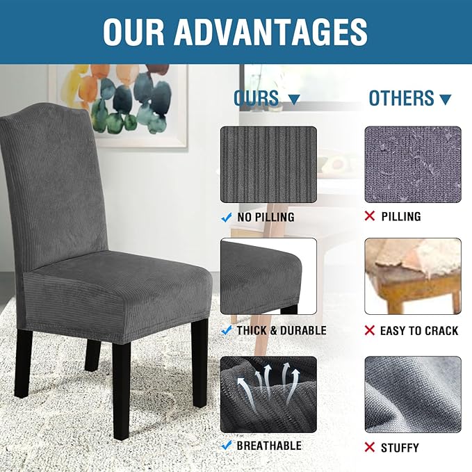 H.VERSAILTEX Velvet Dining Chair Covers Stretch Chair Covers for Dining Room Set of 2 Parson Chair Slipcovers Chair Protectors Covers Dining, Soft Thick Solid Velvet Fabric Washable, Grey Striped