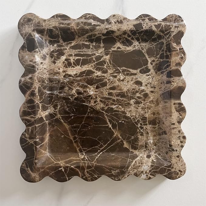 Vintage Natural Marble Tray Small Ornaments Scalloped Tray Handmade Storage Dish for Counter, Vanity, Dresser, Nightstand and Desk (Coffee Net)