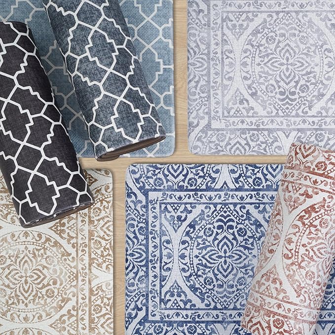 FRESHMINT 2 Piece Set Boho Kitchen Mats for Floor Bohemian Distressed Anti Fatigue Kitchen Rugs Vintage Farmhouse Cushioned Kitchen Runners for Standing Waterproof & Non-Skid Comfort, Gray