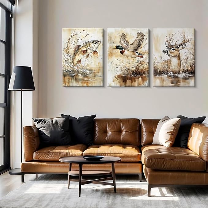 Vintage Animal Wall Art Baby Boy Room Canvas Wall Decor Farmhouse Animal Posters Kids Nursery Hunting Art Prints Rustic Deer Fish Pictures Mallard Duck Painting for Bedroom 16x24x3 Inch Ready to Hang