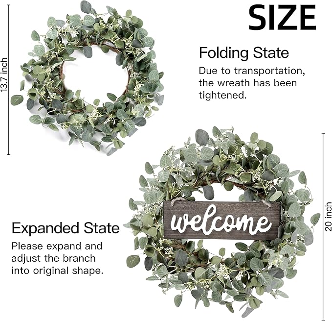 Sggvecsy Green Eucalyptus Leaf Wreath with Welcome Sign 20in Artificial Eucalyptus Wreath Spring Summer Wreath for Front Door Wall Window Farmhouse Festival Porch Patio Garden Decor