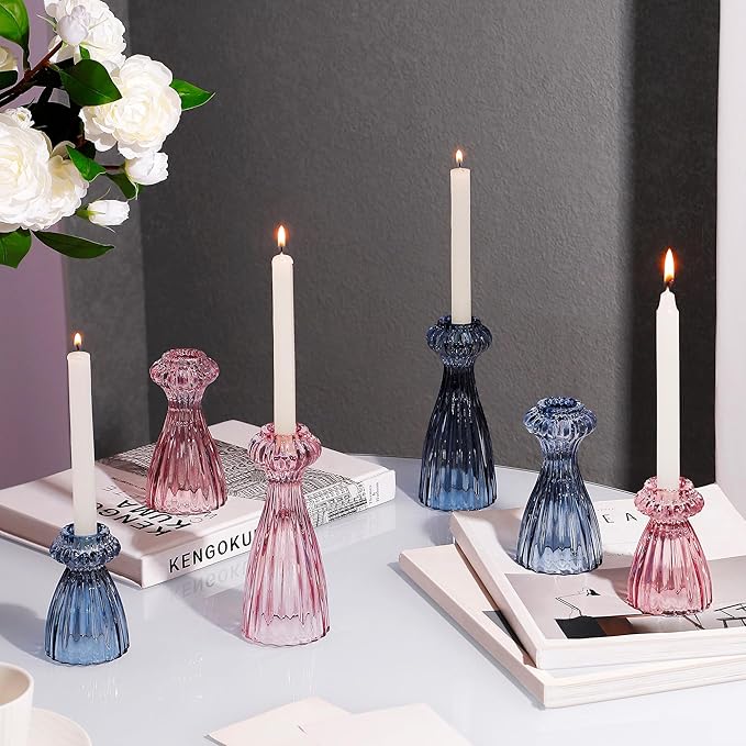 Lysenn Glass Candle Stick Holder Set of 3 – Premium Taper Candle Holders for Romantic Ambiance - Candle Sticks Holder Decor for Special Occasions - Pink