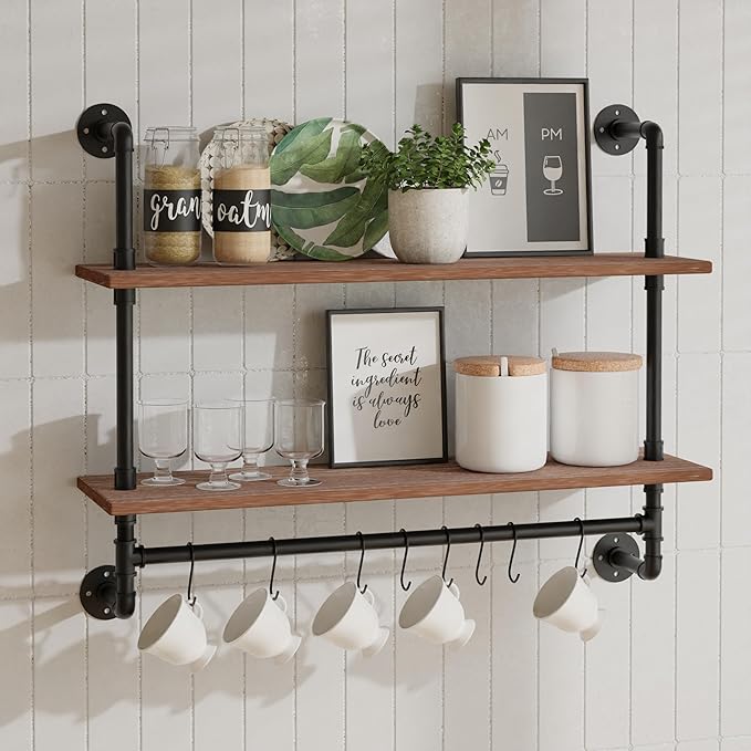ROGMARS Industrial Pipe Shelving Bathroom Shelves with Towel bar, 30 in Rustic Floating Shelves Pipe Wall Shelf with Hooks for Living Room,Kitchen
