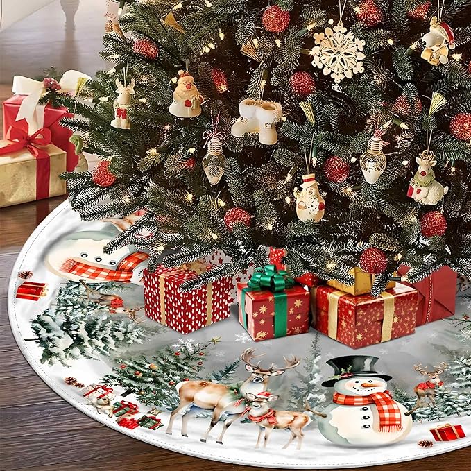 Christmas Tree Skirt 36 Inch,Snowman Reindeer Snowflake Xmas Decor, Winter Christmas Tree Mat for Home Party Holiday Indoor Outdoor Decorations