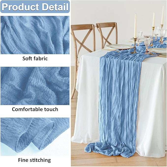 JOYIT 1 Pack Blue Cheesecloth Table Runner 35" x 120" – Boho Table Runner Set for Wedding, Birthday, and Party Decor, Romantic Gauze Table Runner for Rustic and Elegant Tablescapes (Light Blue)